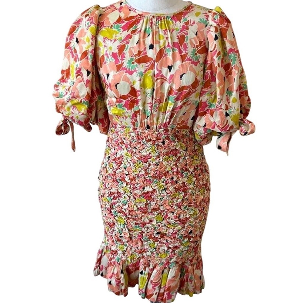 $436 NWT byTiMo Shirred Floral-Print‎ Satin-Crepe Mini Dress Peach Anemone SMALL